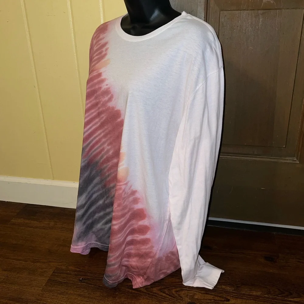White, Pink & Black Split Tie-Dye Long Sleeve Upcycled Crewneck Shirt Size XL - Picture 6 of 10